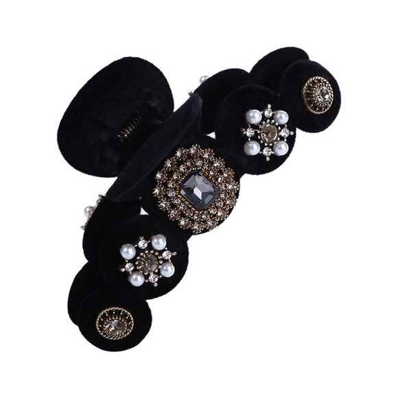 Black Velvet Jewel Rhinestone Pearl Fashion Hair Claw - 4 inches - Picture 1 of 1